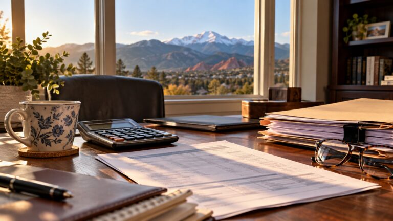 A calculator and folders of divorce paperwork on a home office desk with Pikes Peak in the background.