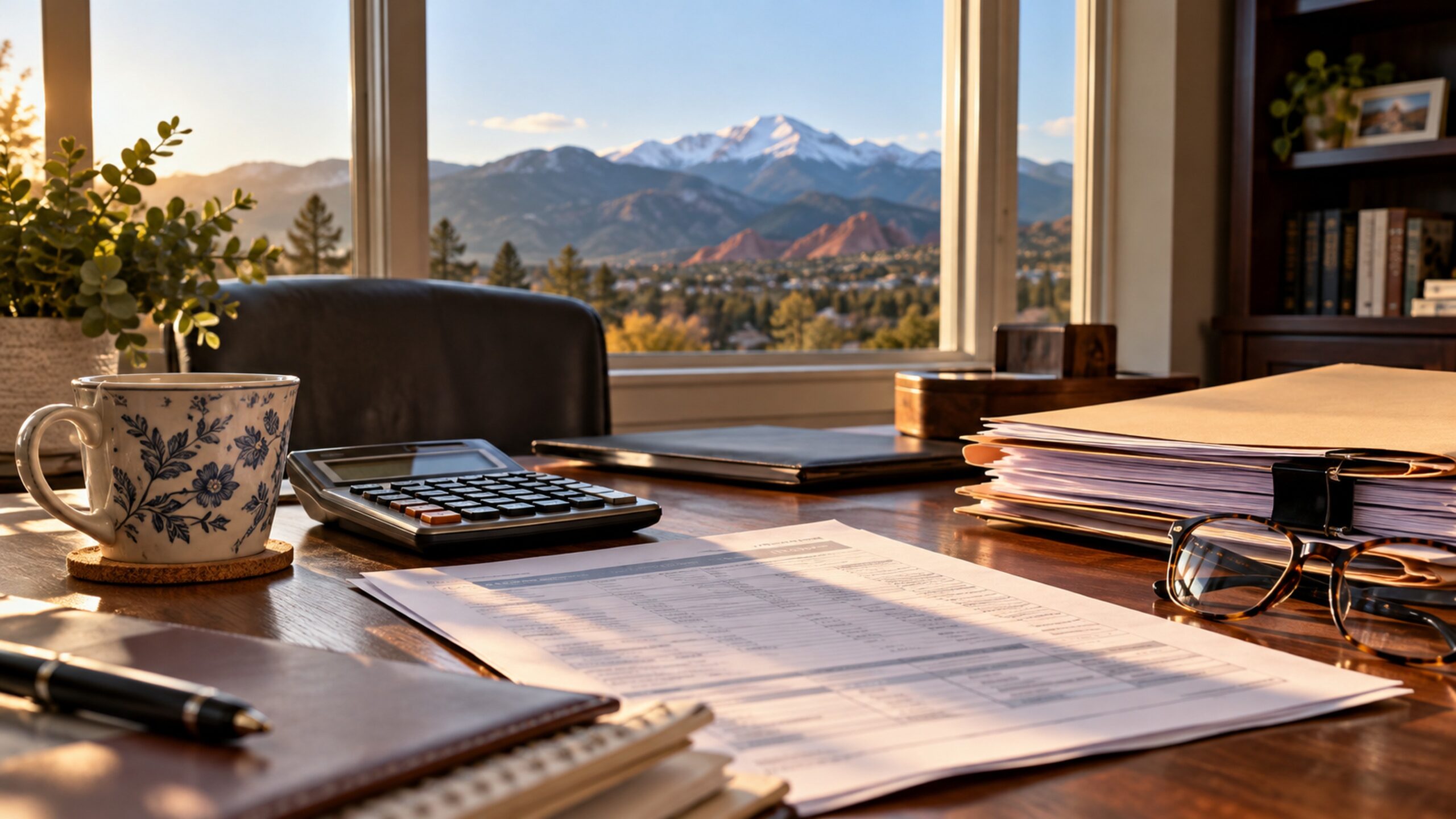A calculator and folders of divorce paperwork on a home office desk with Pikes Peak in the background.