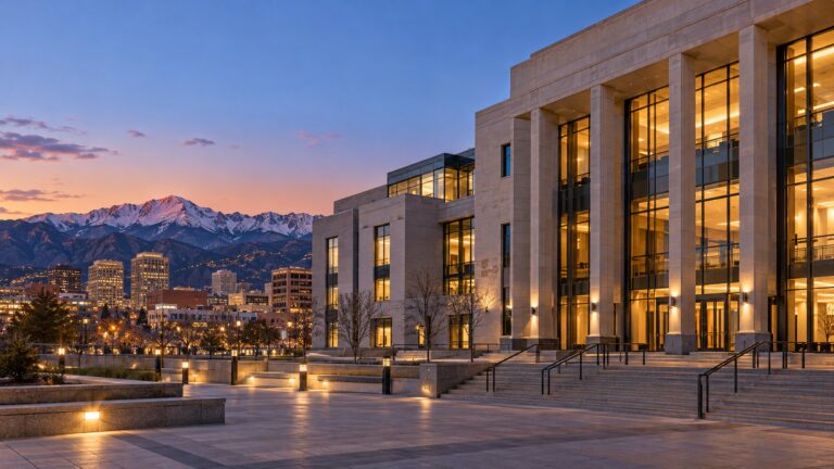 Exterior of a county judicial building in downtown Colorado Springs at dusk with Pikes Peak in the distance.
