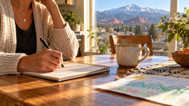 A parent writes questions in a notebook at a kitchen table with Pikes Peak visible through the window.