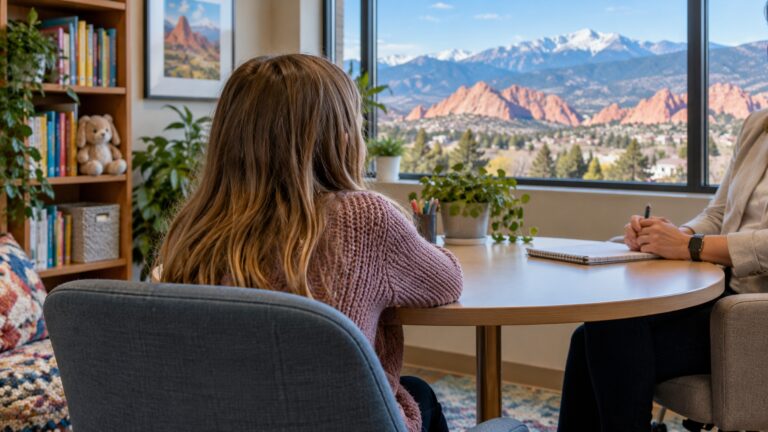 A child talking with a court-appointed professional in a bright office overlooking the Colorado Springs foothills.