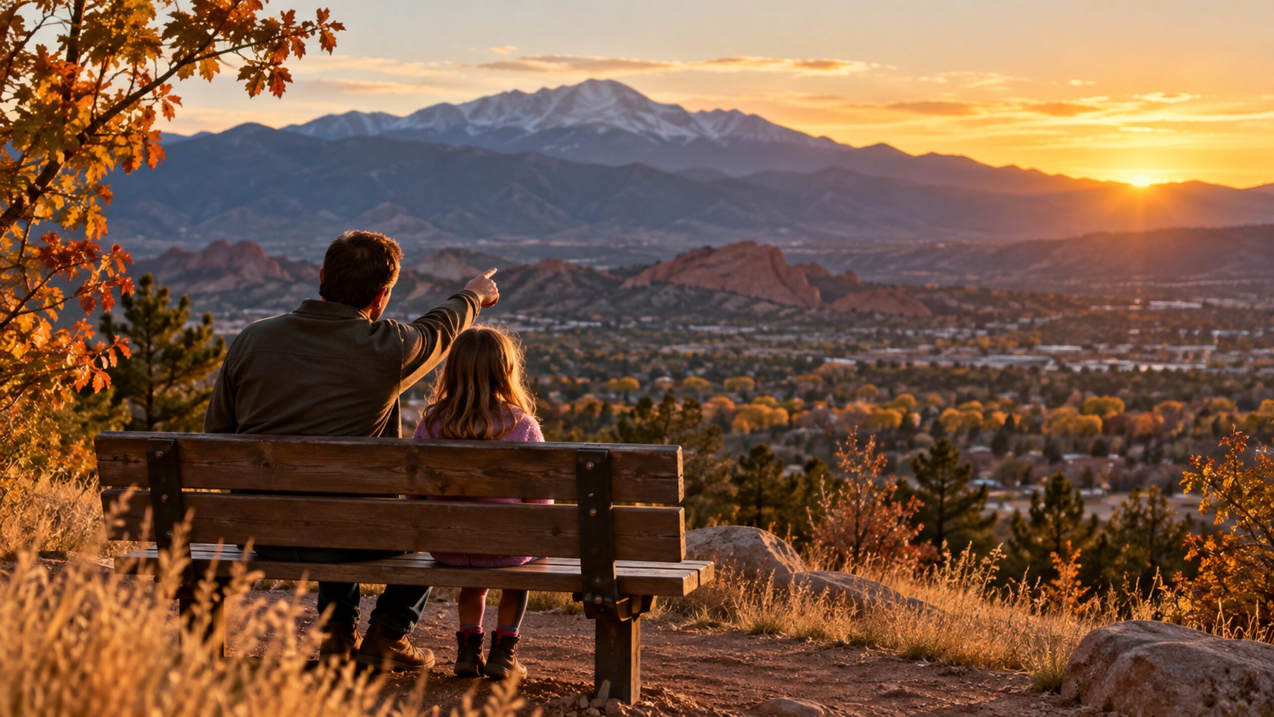 A father and young daughter sit on a park bench looking toward Pikes Peak at sunset.