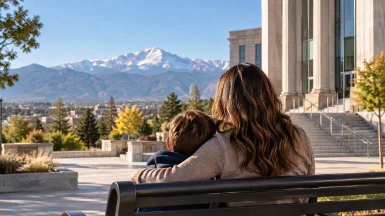 A parent with an arm around a young child on a bench outside a Colorado Springs courthouse.