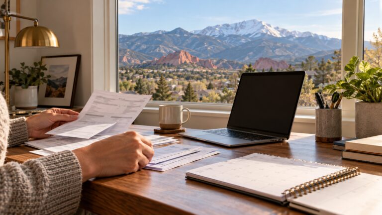 A parent's hands organizing pay stubs and a calendar on a desk, with the Front Range visible through a window.