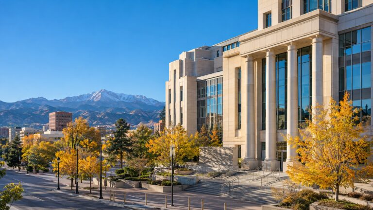 A courthouse exterior in downtown Colorado Springs on an autumn morning with Pikes Peak in the distance.