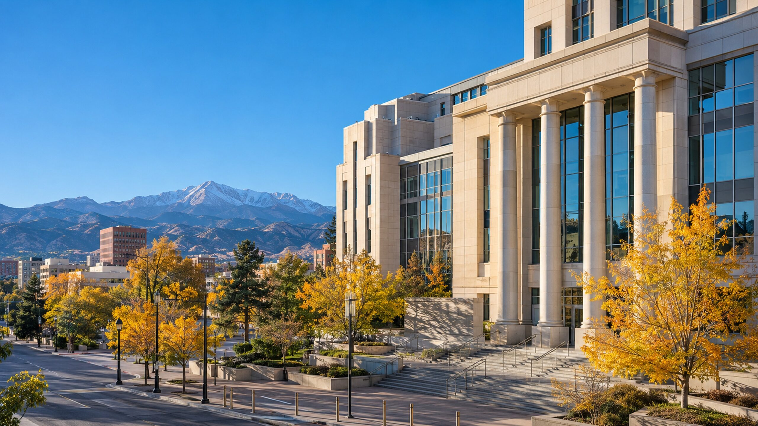 A courthouse exterior in downtown Colorado Springs on an autumn morning with Pikes Peak in the distance.