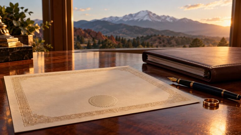 A blank certificate with an embossed seal, a legal file and a wedding band on a desk with Pikes Peak in the background.