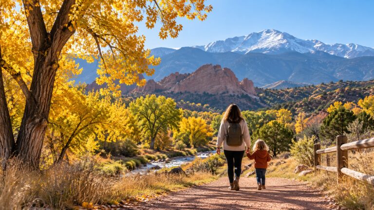 A parent and young child walking hand in hand on a park path with Pikes Peak in the distance.