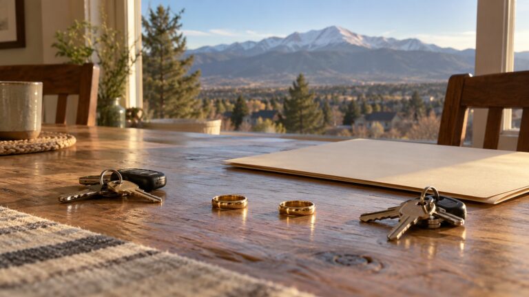 Two wedding rings set apart on a kitchen table with separate house keys and a view of Pikes Peak.