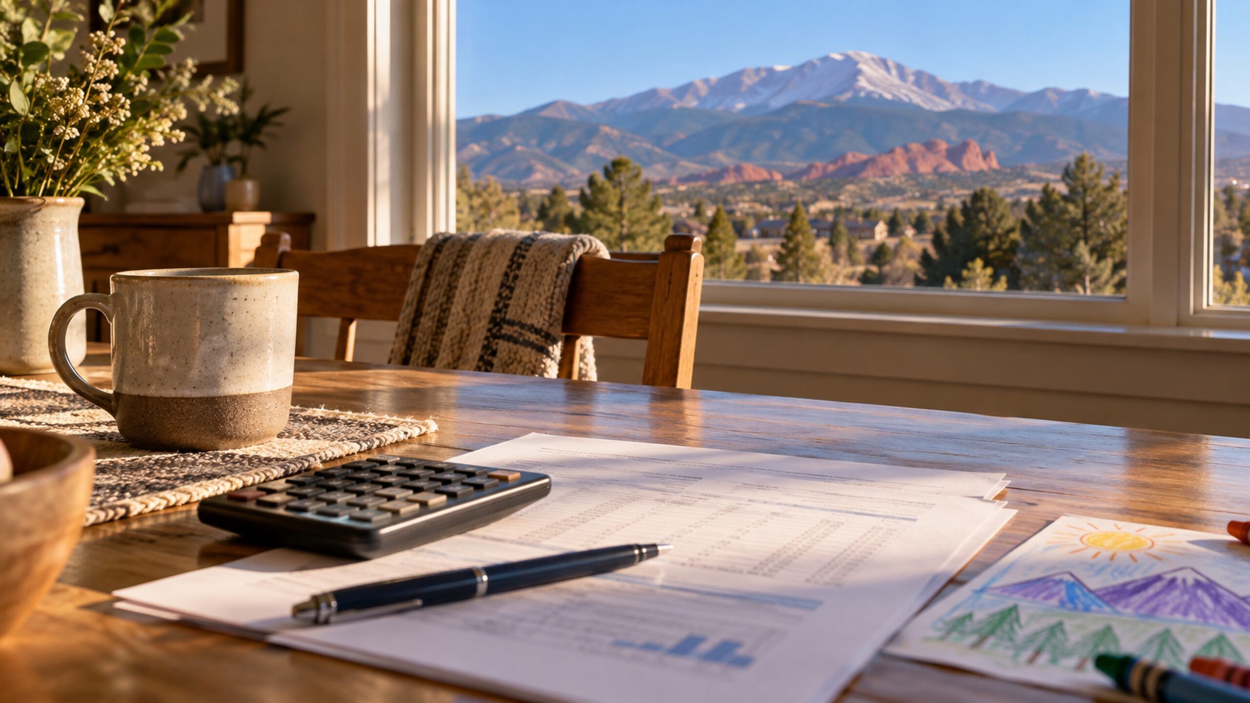 A kitchen table with a calculator and a support worksheet, with Pikes Peak visible through the window.