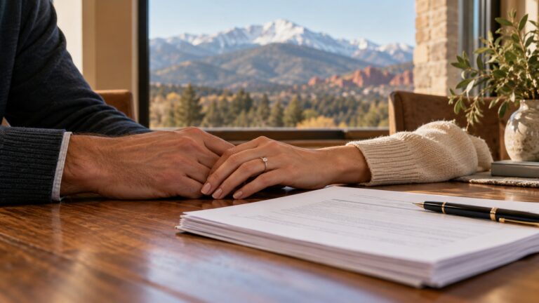 A couple's hands beside a signed premarital agreement on a table, with Pikes Peak visible through the window.
