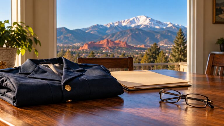 A folded military uniform jacket and a closed folder on a table, with Pikes Peak visible through the window behind them.