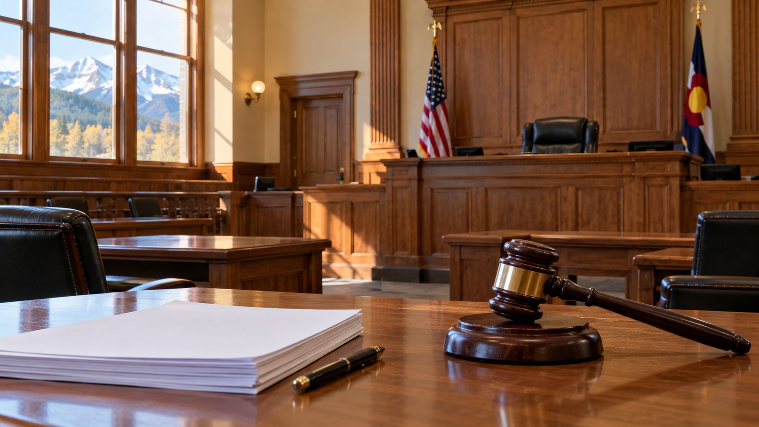 An empty courtroom with a gavel on the judge's bench and court papers on the counsel table.