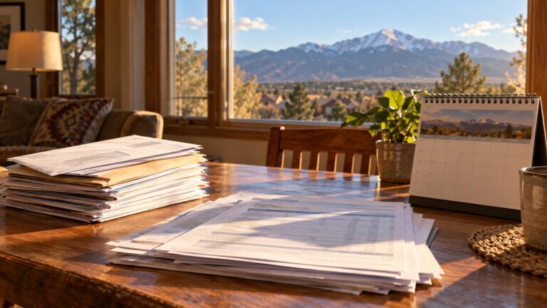 Organized financial records and a calendar on a table, with Pikes Peak softly visible through a window.