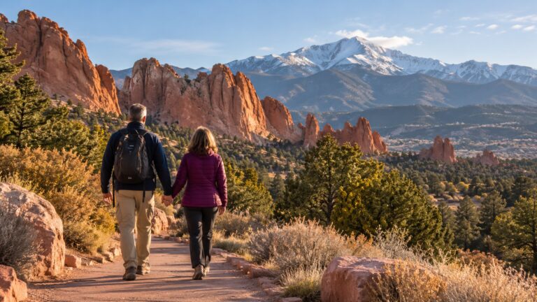 A couple walking hand in hand on a trail near Colorado Springs with red rocks and Pikes Peak behind them.