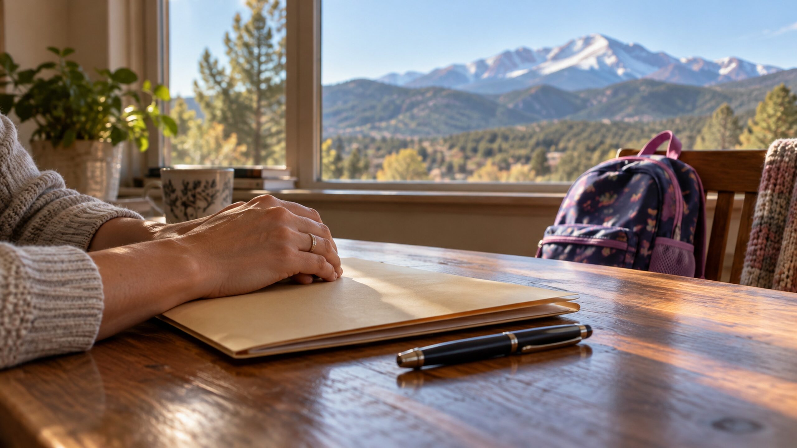 A parent's hands resting on a closed folder on a table, with a child's backpack and the Colorado foothills in the background.