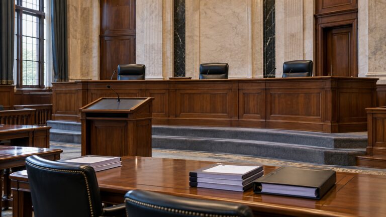 An empty appellate courtroom with a three-judge bench and bound legal briefs on the counsel table.