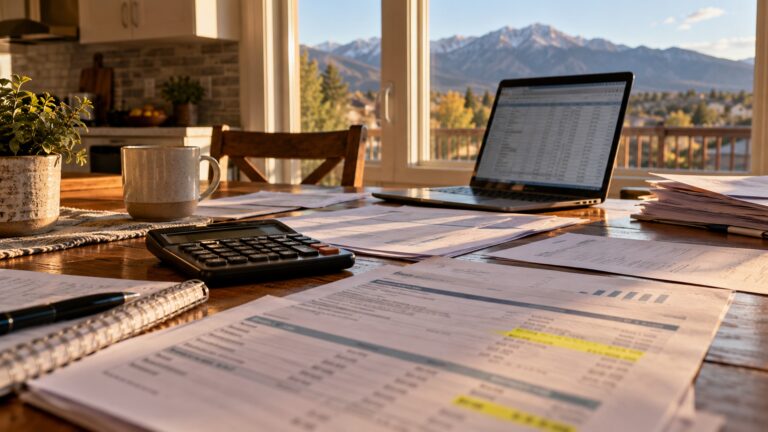 Bank statements, a calculator, and a laptop spread on a kitchen table during a review of household finances.