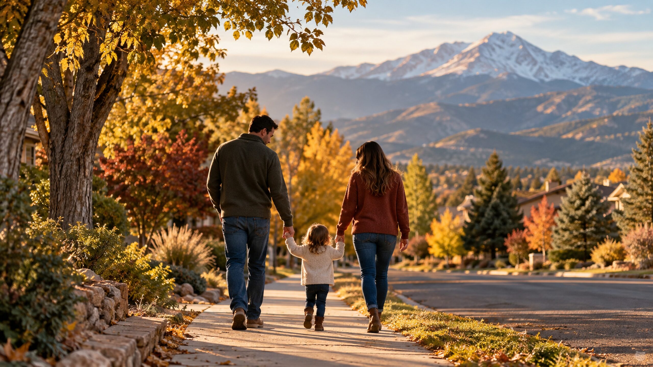 Two parents walking with their young child on a Colorado Springs sidewalk with Pikes Peak in the background.