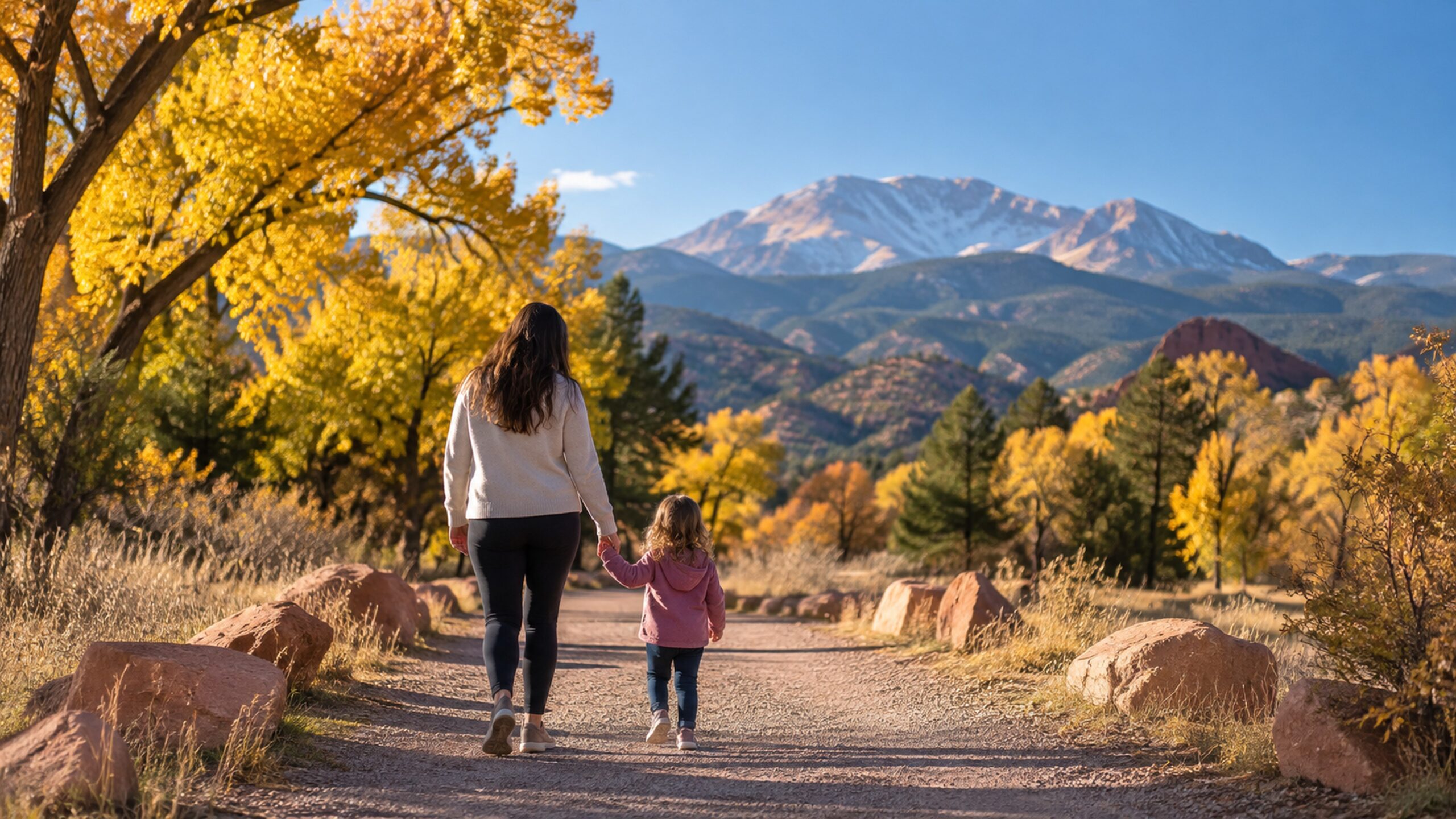 A parent and child walk hand in hand on a park path with Pikes Peak in the background.