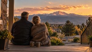 Two partners sitting together on a porch at sunset with Pikes Peak in the distance.