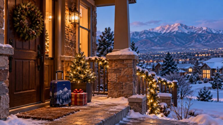 A child's small suitcase and a wrapped gift wait on a snowy porch with Pikes Peak in the distance.