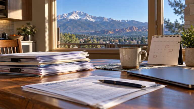 Organized divorce paperwork and a calendar on a kitchen table with Pikes Peak visible through the window.