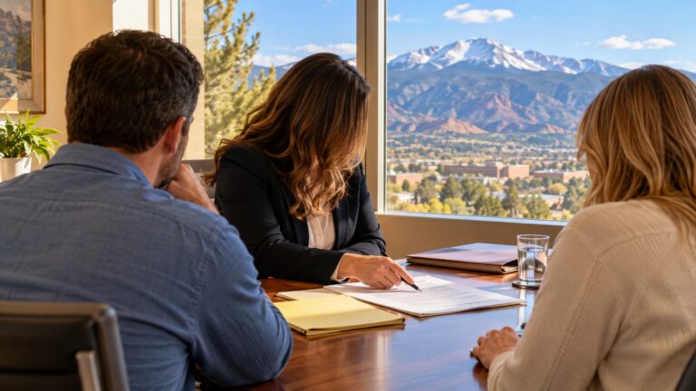 Two people meeting with a family law professional at a table in an office with Pikes Peak in the window.