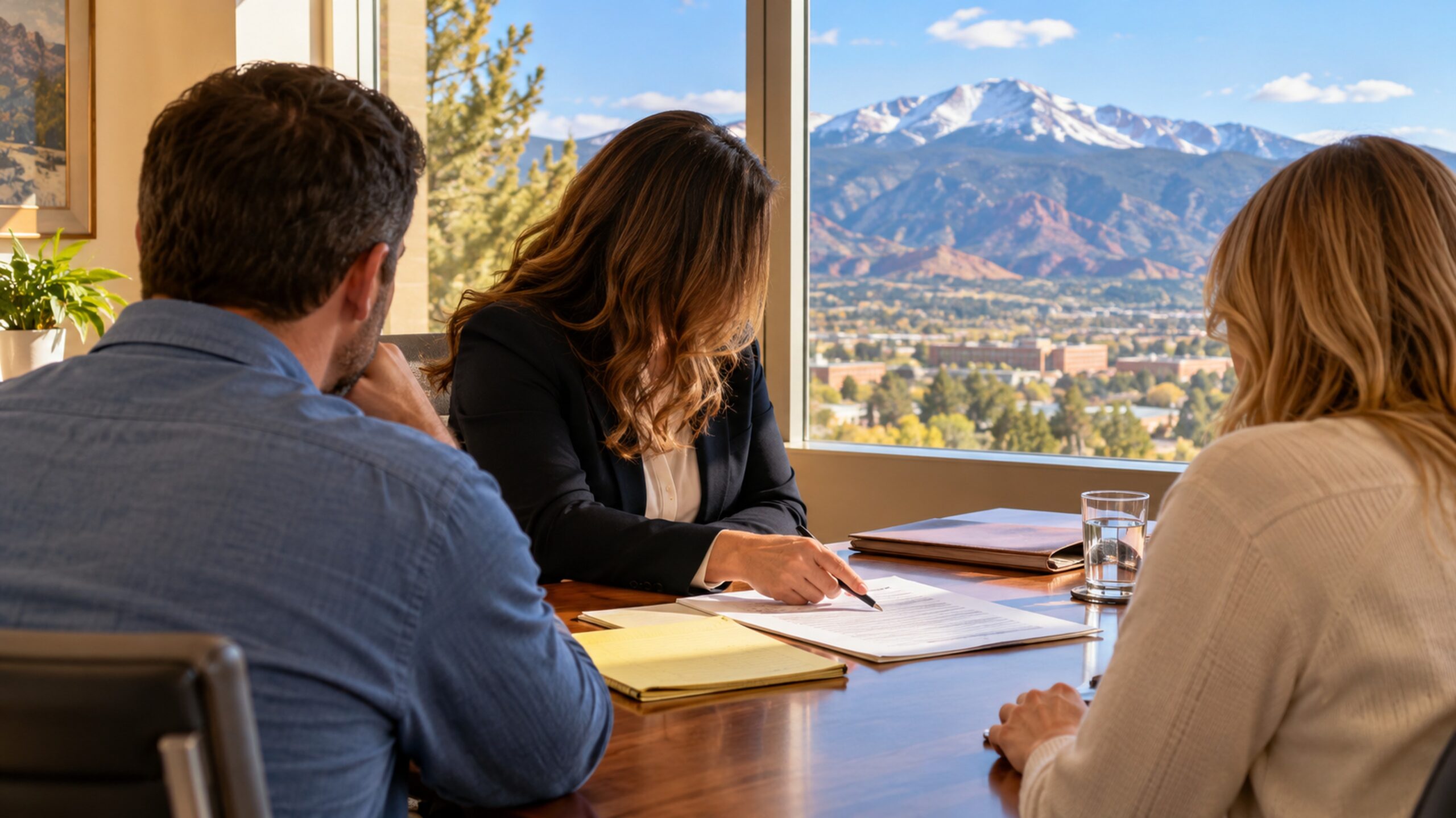 Two people meeting with a family law professional at a table in an office with Pikes Peak in the window.