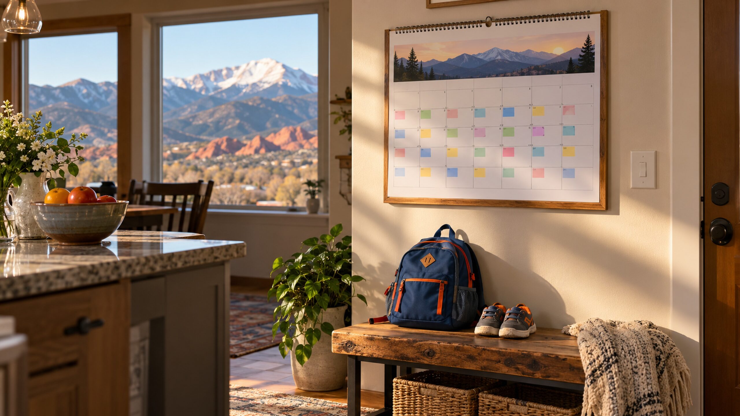 A color-coded family calendar on a kitchen wall with a child's backpack on a bench below.