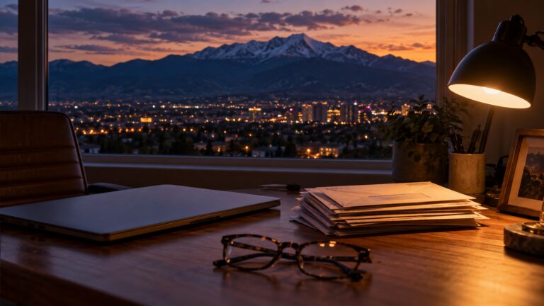 Unopened bank envelopes and a closed laptop on a desk at dusk, with Colorado Springs lights outside the window.