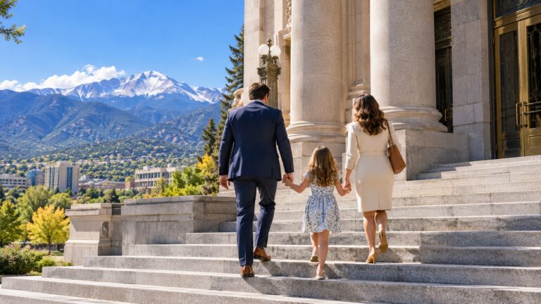 A family walking hand in hand toward a Colorado courthouse with Pikes Peak in the background.