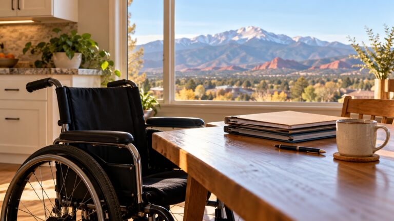 A wheelchair at a kitchen table with closed folders, with Pikes Peak visible through the window.